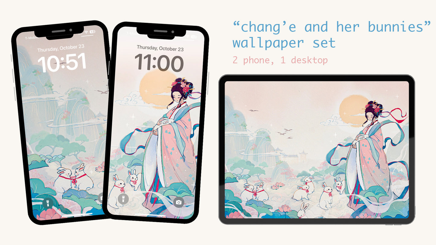 chang'e and her bunnies wallpaper set